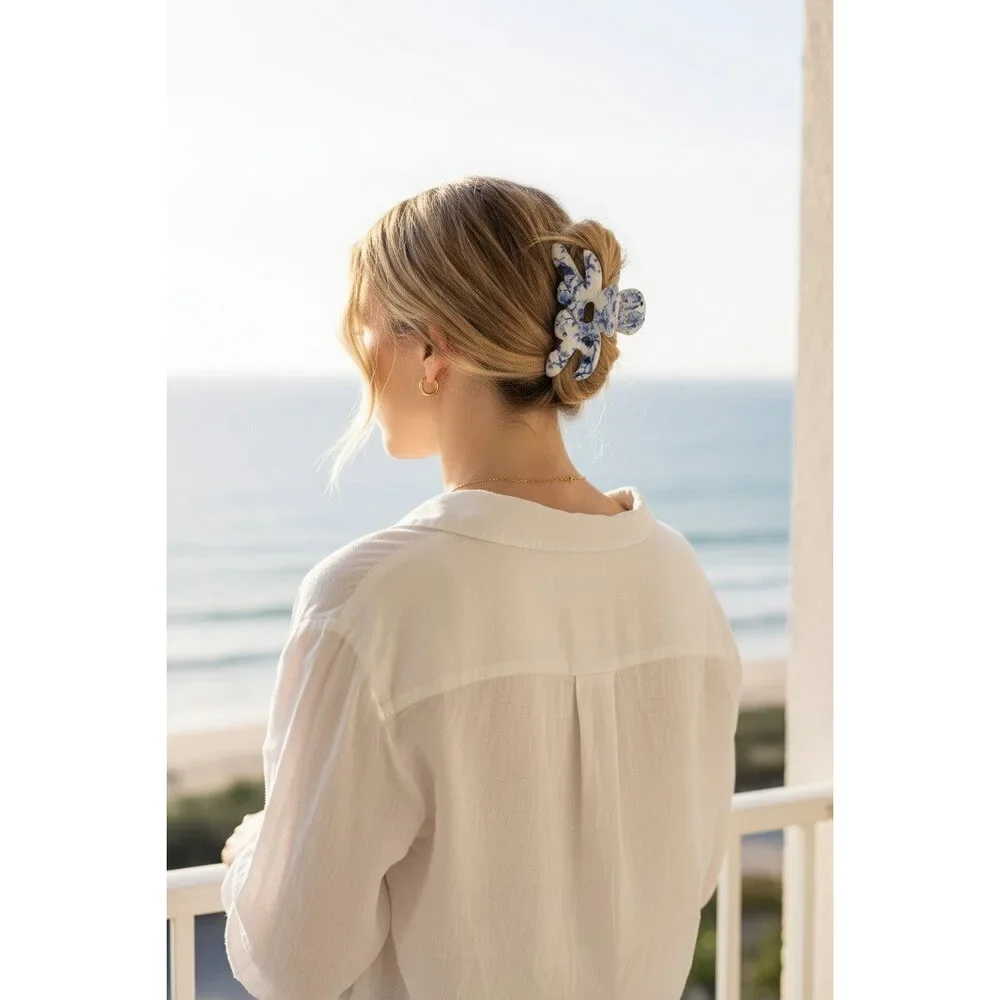 Blue Porcelain Bloom Claw Clip – Coastal Floral Hair Clip Medium Glossy Everyda